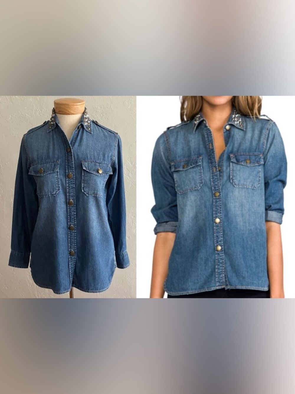 CURRENT/ELLIOTT STUDDED BLUE DENIM JEAN SHIRT TOP SIZE 0